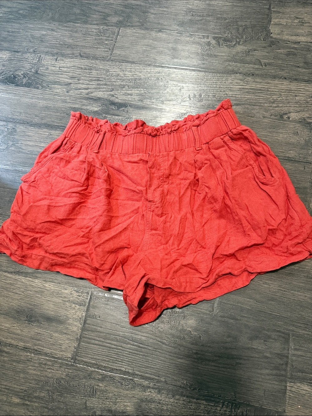 American Eagle Outfitters Red/Orange High-Waist Ruffle-Waist Shorts